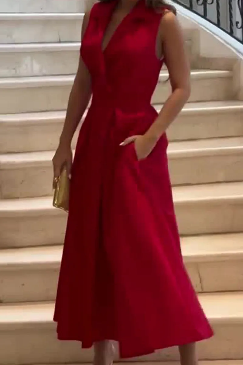 Elegant Solid Pocket Fold Turndown Collar Shirt Dresses