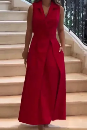 Elegant Solid Pocket Fold Turndown Collar Shirt Dresses