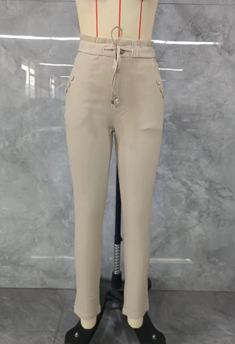 Elegant Women'S Pants Autumn Casual High Waisted Drawstring Waist Button Decor Fleece Lined Skinny Pants Daily Small Leg Pants