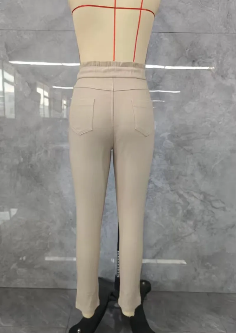 Elegant Women'S Pants Autumn Casual High Waisted Drawstring Waist Button Decor Fleece Lined Skinny Pants Daily Small Leg Pants