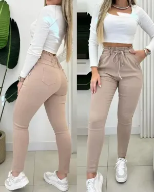 Elegant Women'S Pants Autumn Casual High Waisted Drawstring Waist Button Decor Fleece Lined Skinny Pants Daily Small Leg Pants