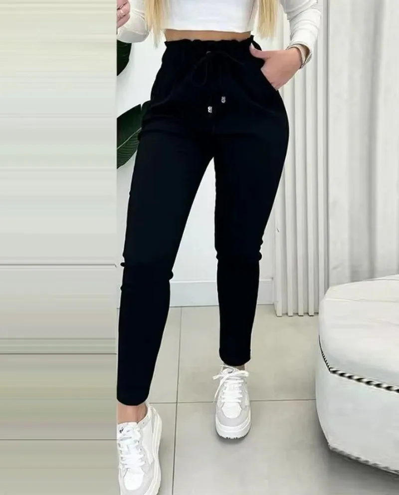 Elegant Women'S Pants Autumn Casual High Waisted Drawstring Waist Button Decor Fleece Lined Skinny Pants Daily Small Leg Pants
