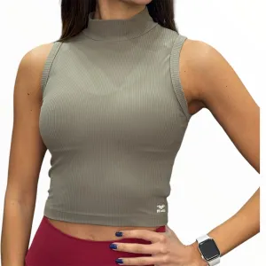 Elite Ribbed High Neck Tank - Khaki