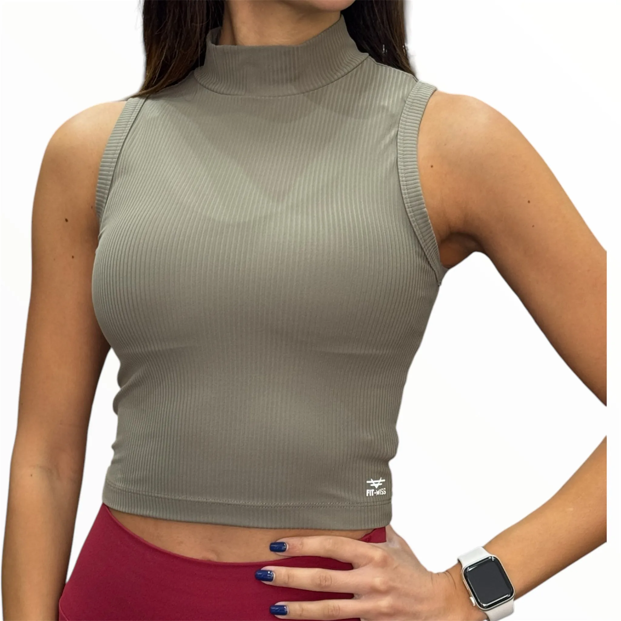 Elite Ribbed High Neck Tank - Khaki