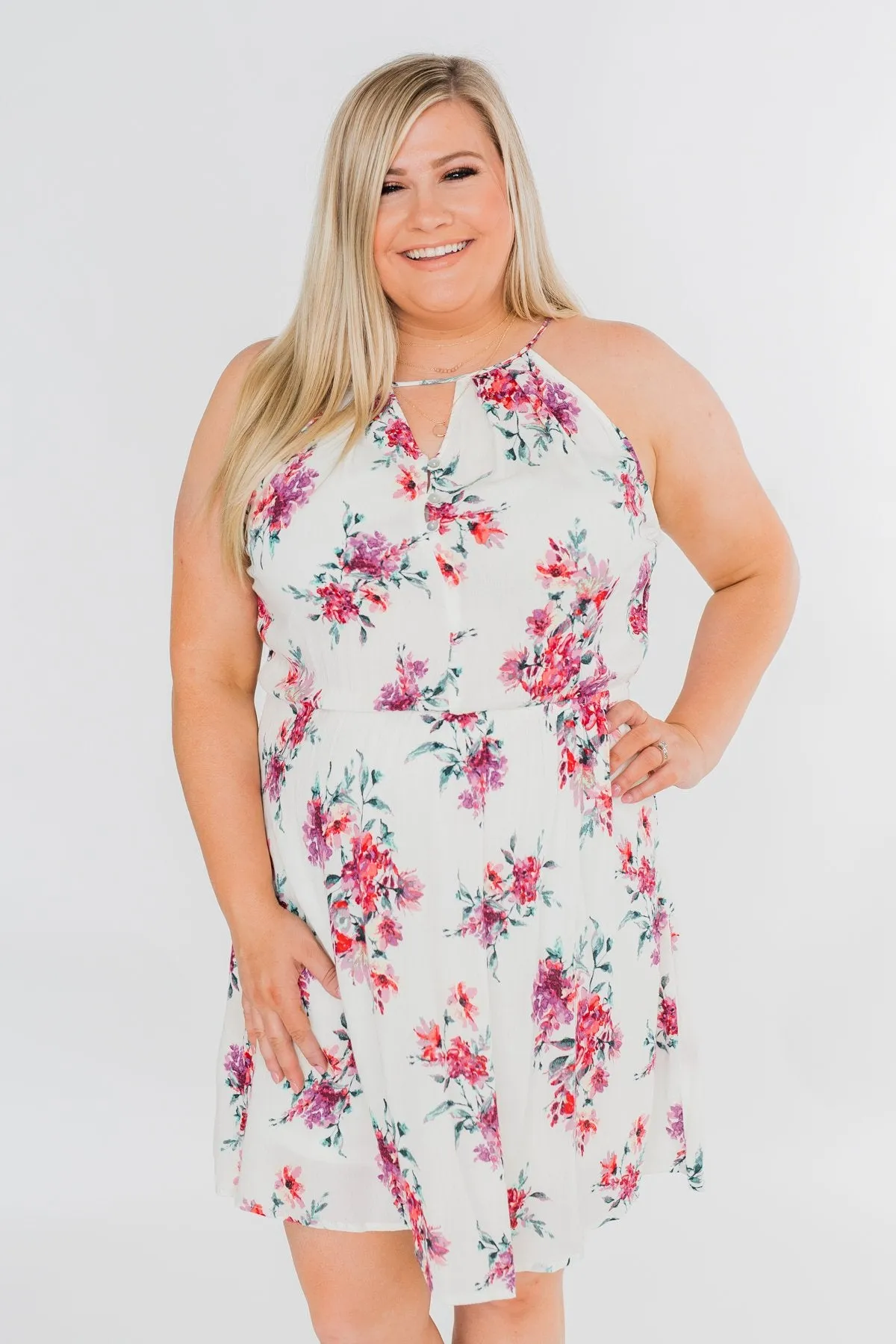 Embraced in Floral Halter Dress- Ivory