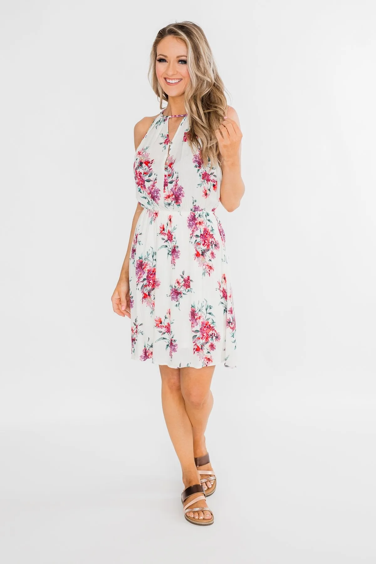 Embraced in Floral Halter Dress- Ivory