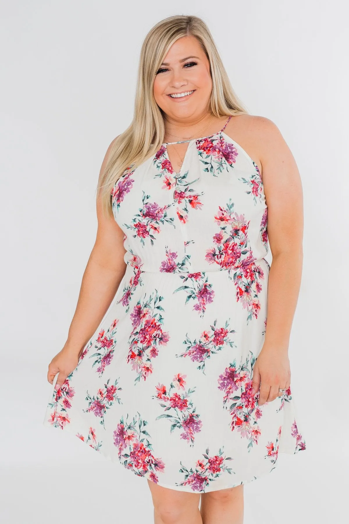 Embraced in Floral Halter Dress- Ivory