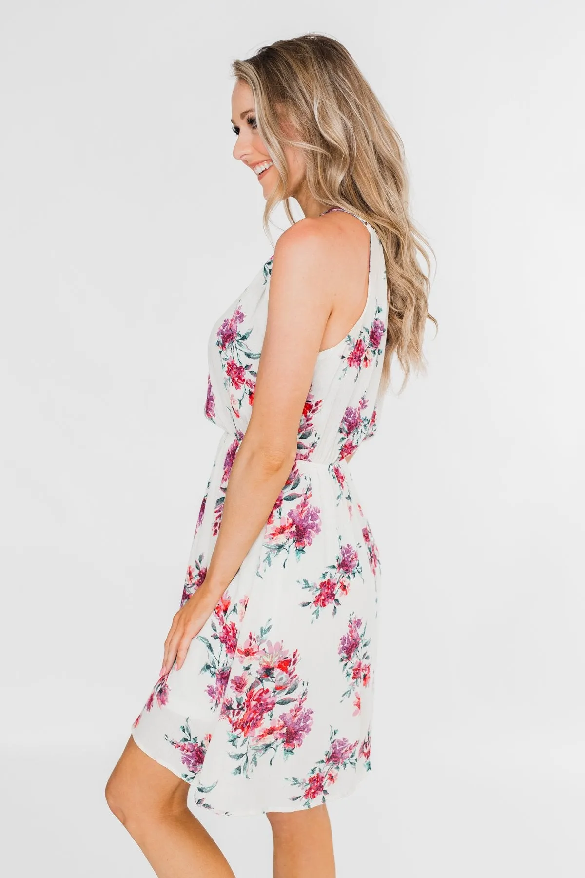 Embraced in Floral Halter Dress- Ivory