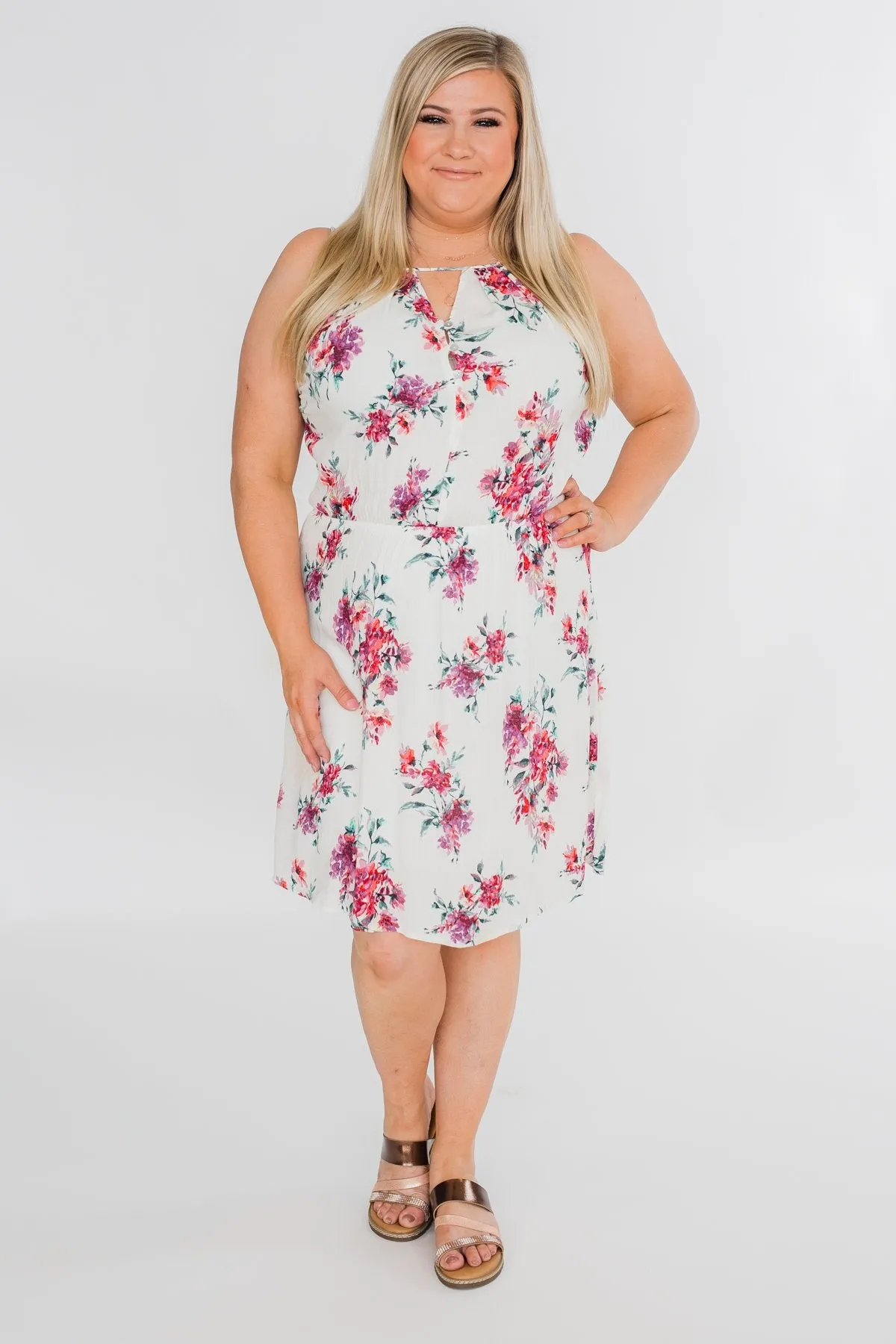 Embraced in Floral Halter Dress- Ivory