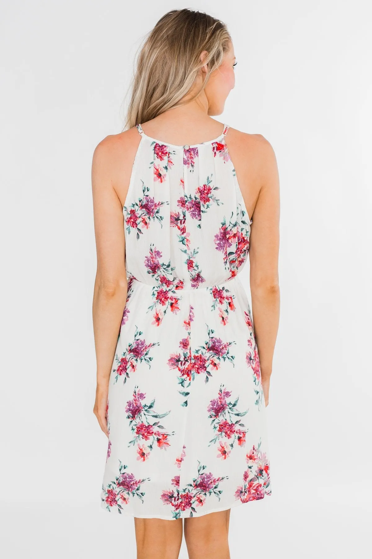 Embraced in Floral Halter Dress- Ivory