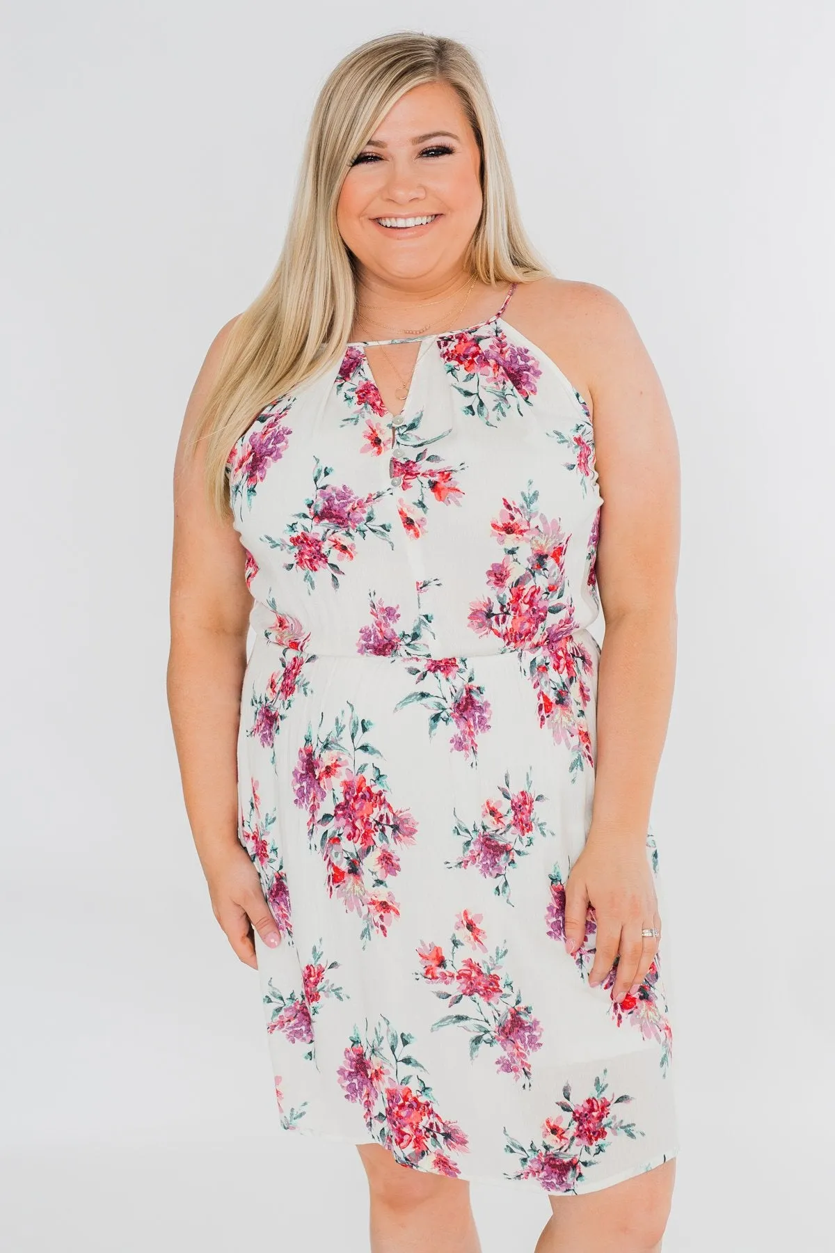 Embraced in Floral Halter Dress- Ivory