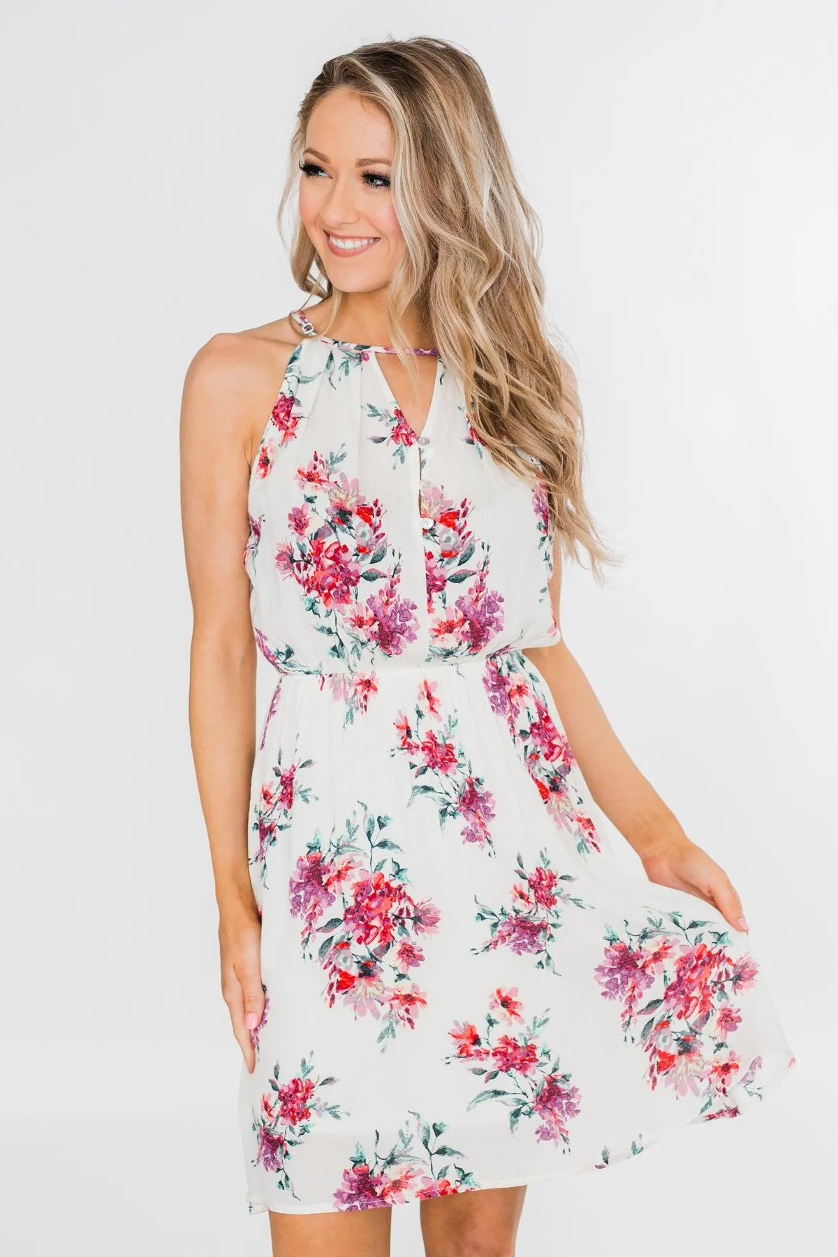 Embraced in Floral Halter Dress- Ivory