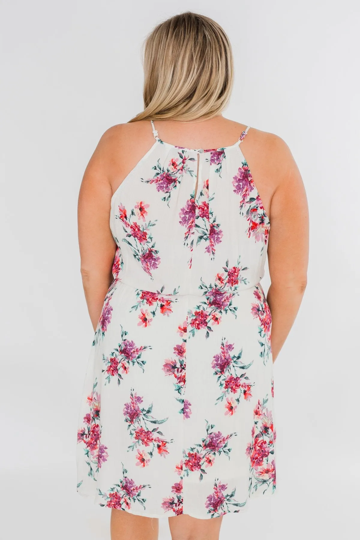 Embraced in Floral Halter Dress- Ivory
