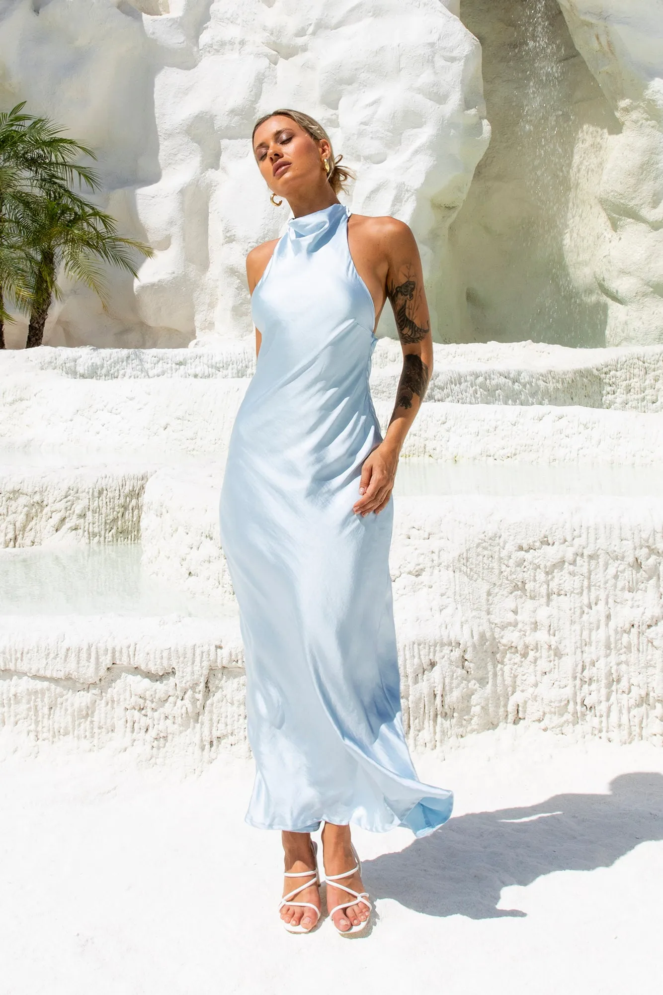 Enchanted Daybreak Halter Satin Maxi Dress Blue