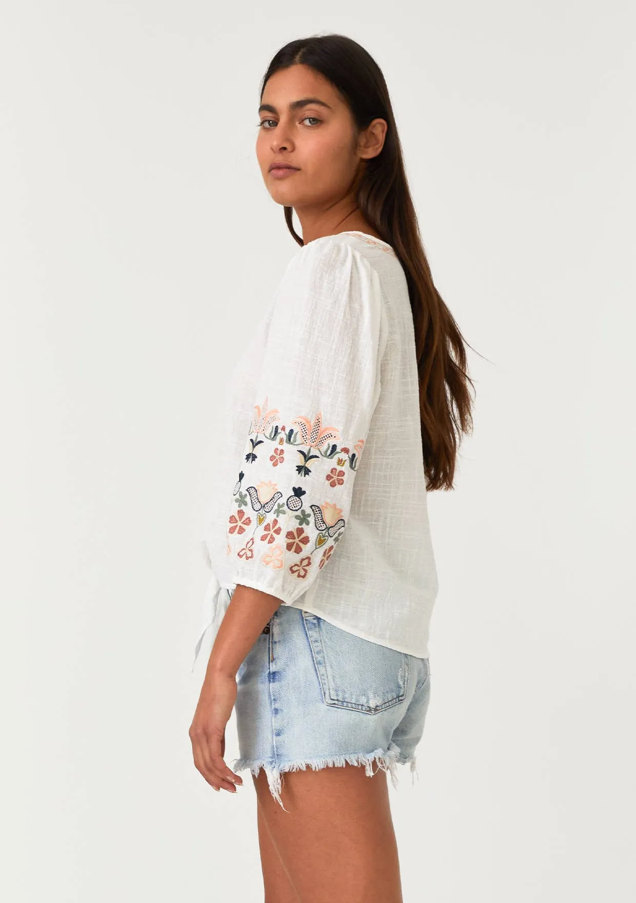 Floral Embroidered 3/4 Sleeve Tie Front Top