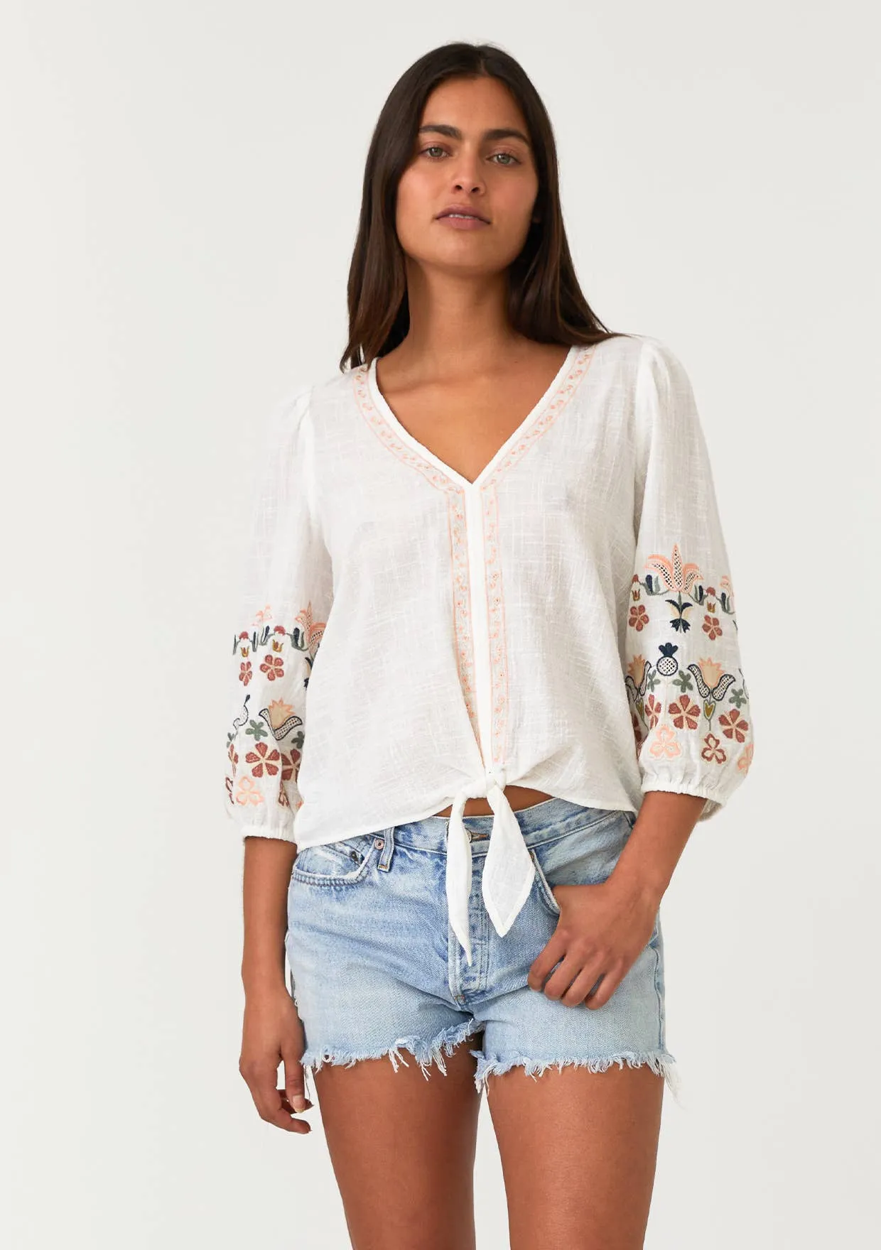 Floral Embroidered 3/4 Sleeve Tie Front Top