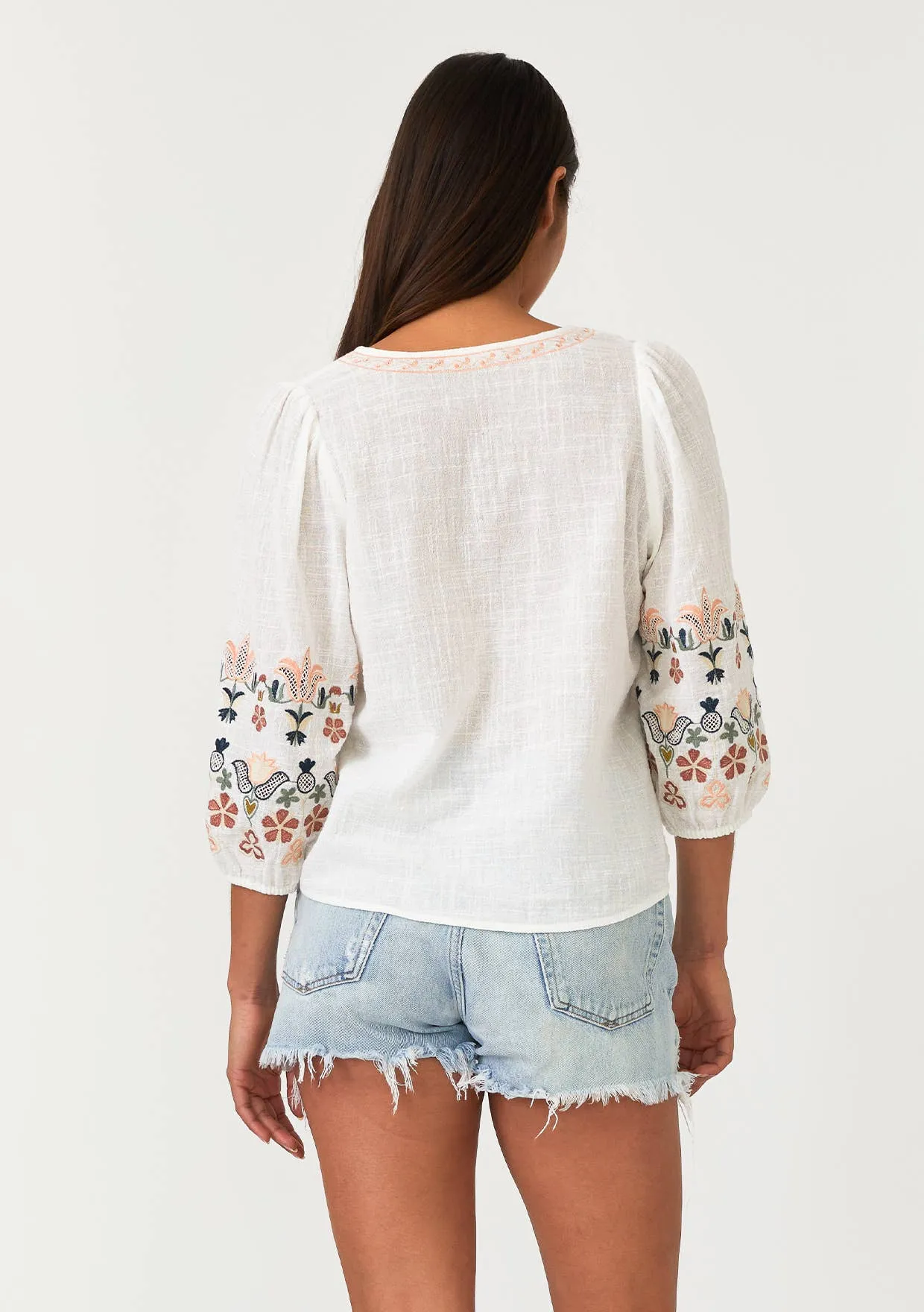Floral Embroidered 3/4 Sleeve Tie Front Top