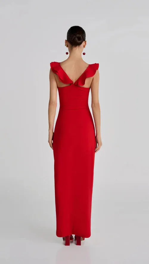 floral ruffle trim halter midi dress in red