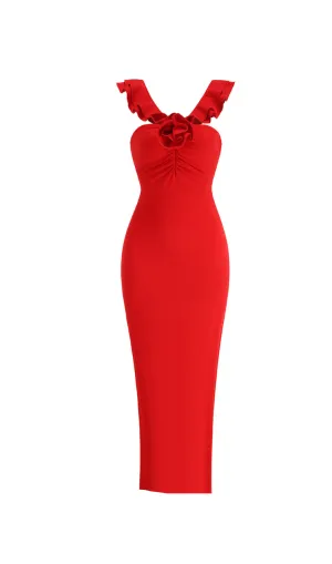 floral ruffle trim halter midi dress in red
