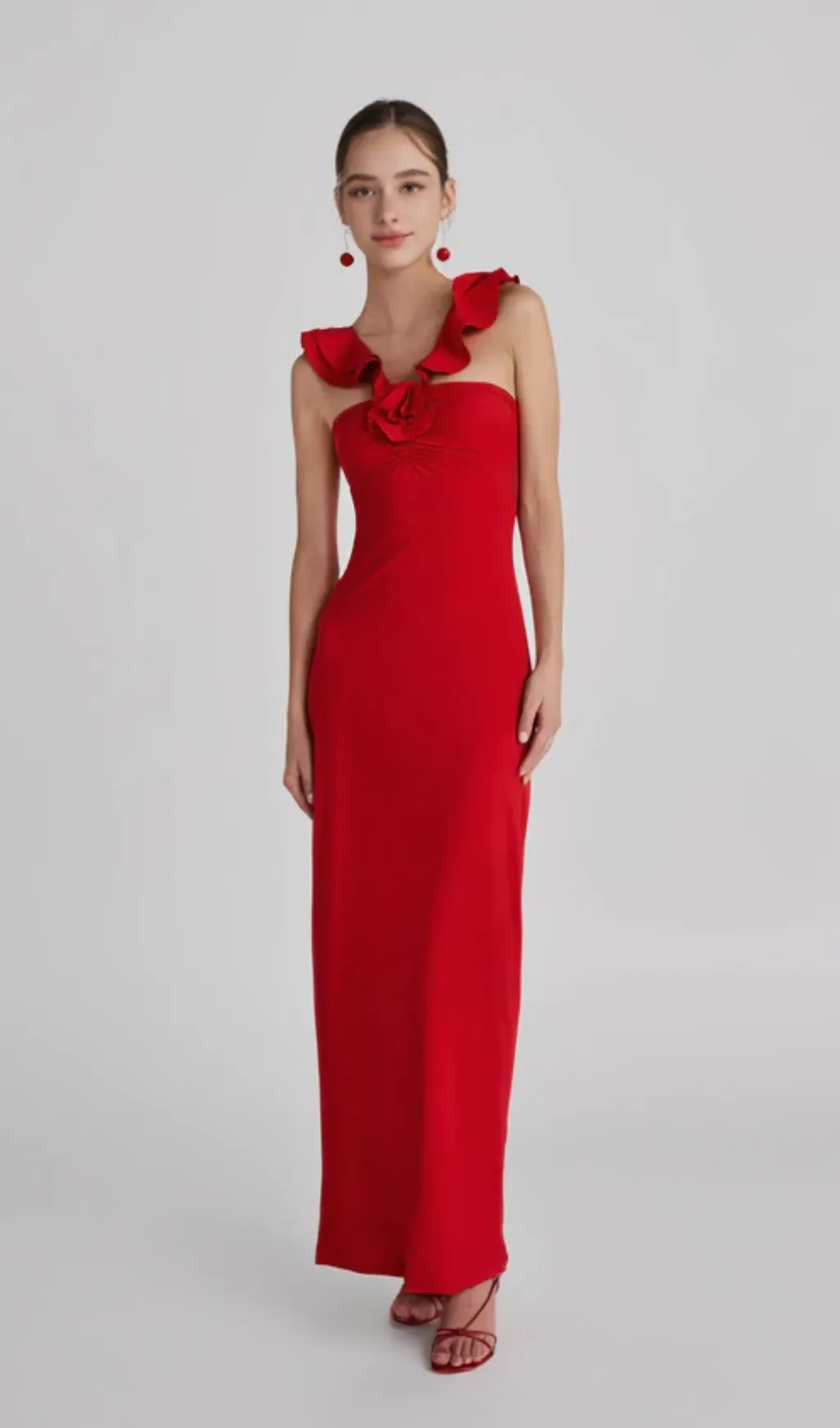 floral ruffle trim halter midi dress in red