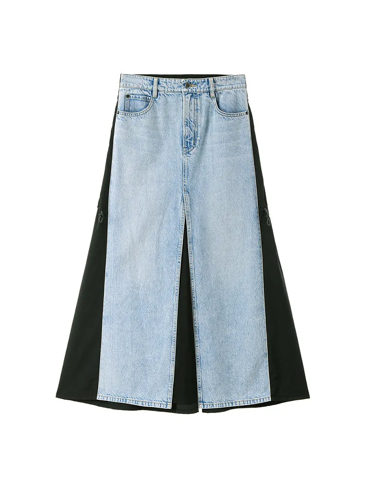 Front Slit Patchwork Denim Long Skirt