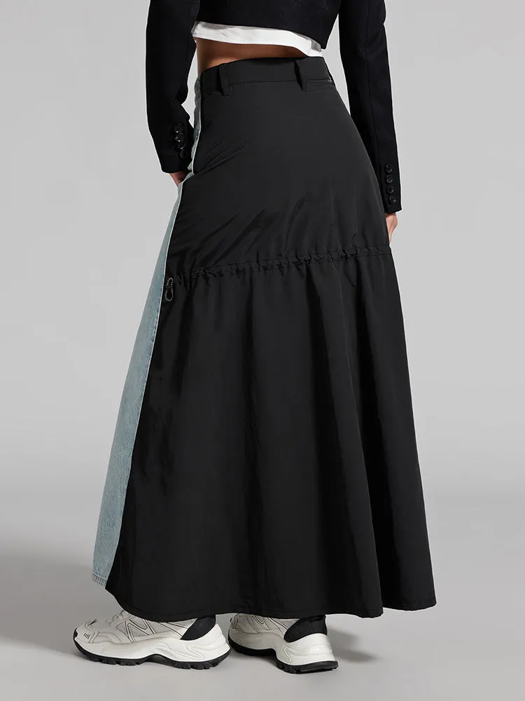 Front Slit Patchwork Denim Long Skirt