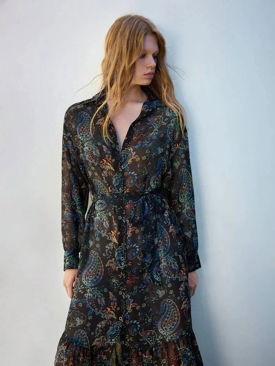 Grazia Long Dress with Paisley Print and Vest in Black