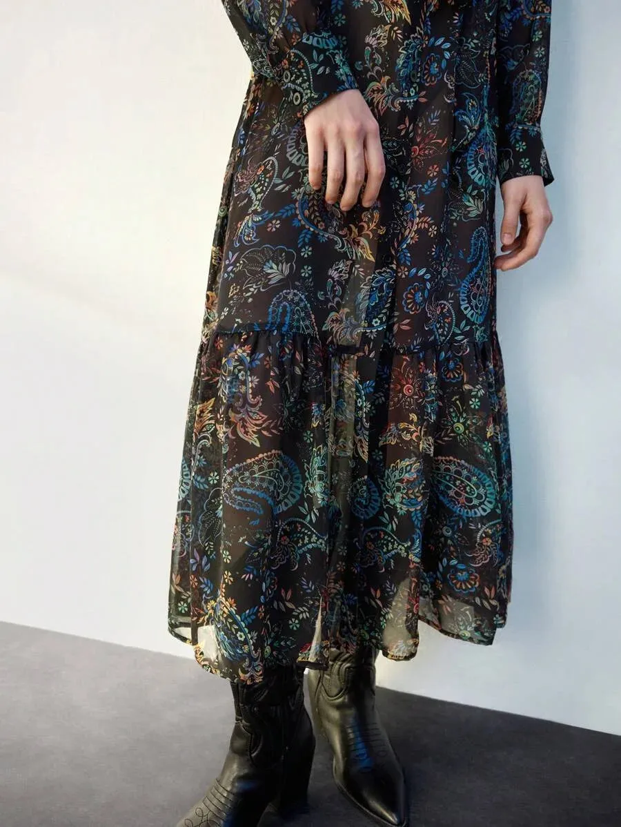 Grazia Long Dress with Paisley Print and Vest in Black