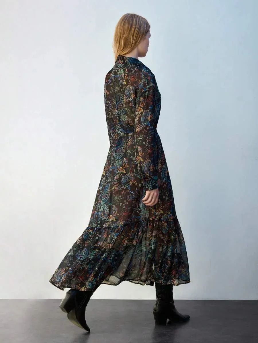 Grazia Long Dress with Paisley Print and Vest in Black