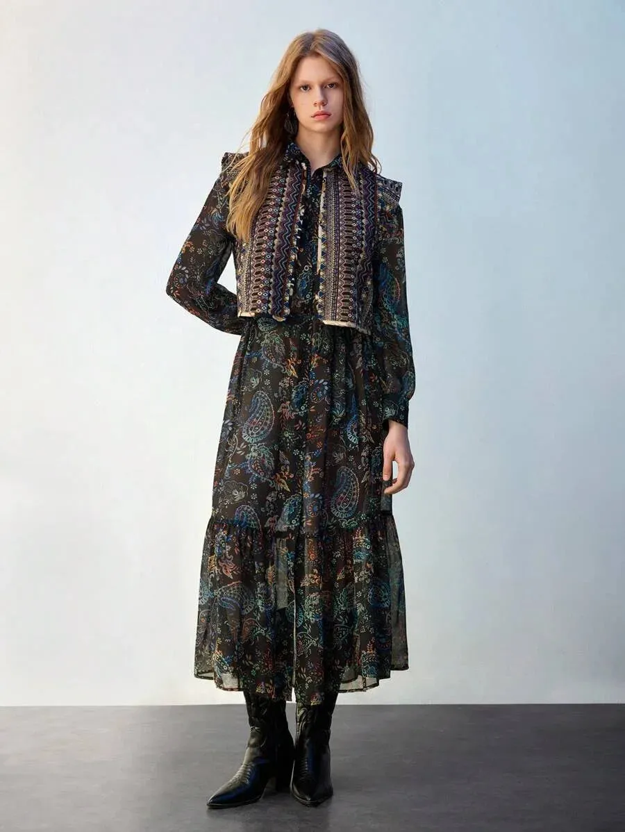 Grazia Long Dress with Paisley Print and Vest in Black