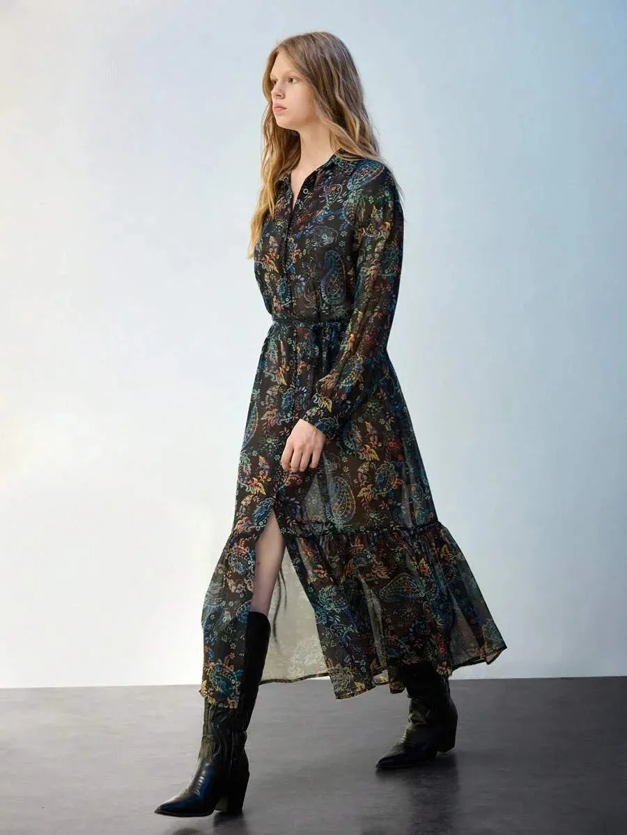 Grazia Long Dress with Paisley Print and Vest in Black