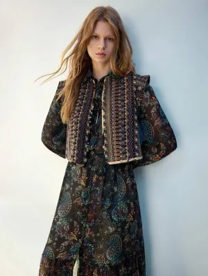 Grazia Long Dress with Paisley Print and Vest in Black