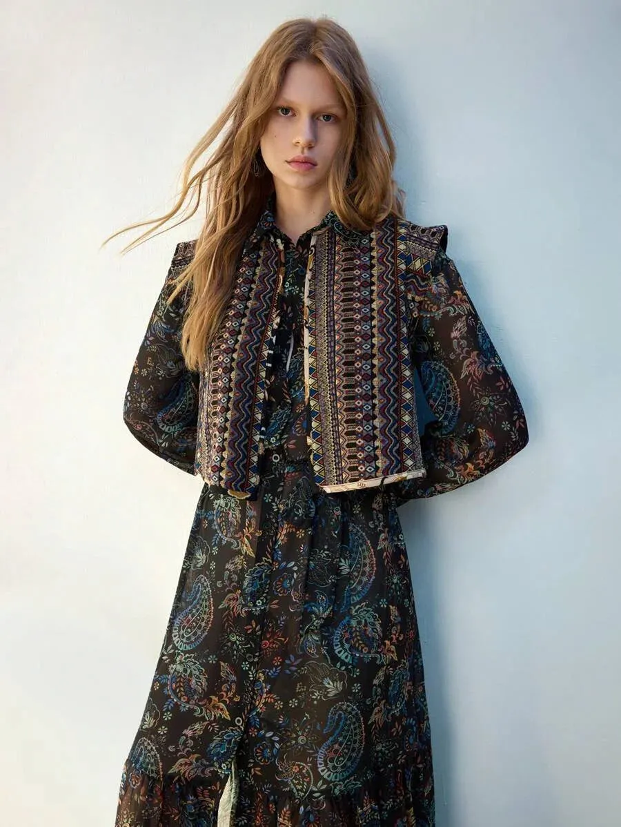 Grazia Long Dress with Paisley Print and Vest in Black