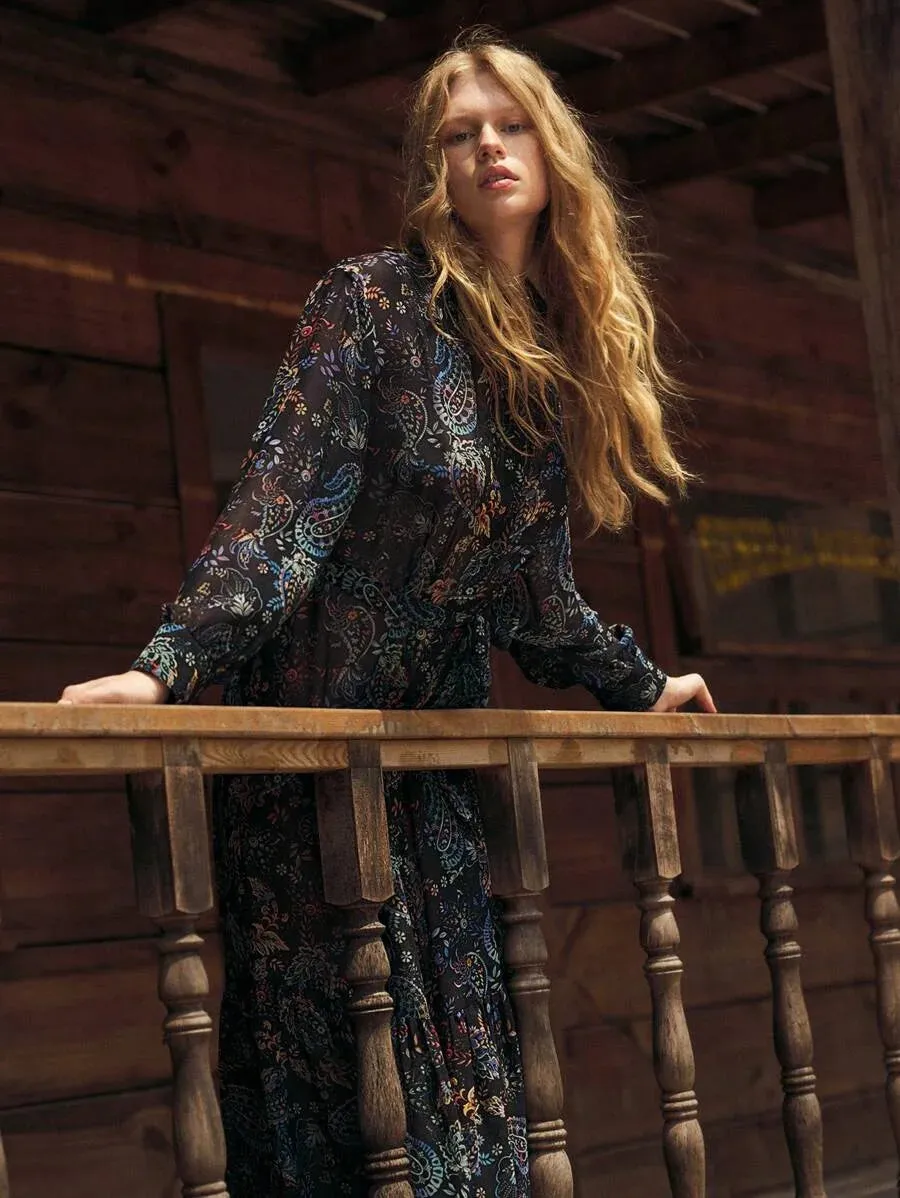 Grazia Long Dress with Paisley Print and Vest in Black