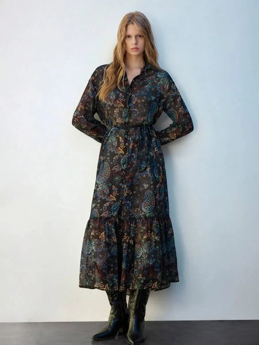 Grazia Long Dress with Paisley Print and Vest in Black