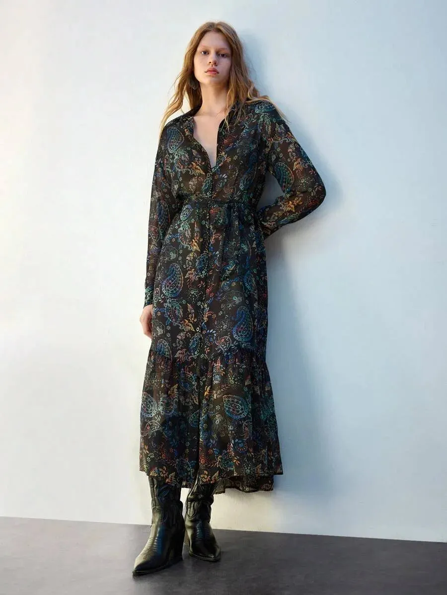 Grazia Long Dress with Paisley Print and Vest in Black