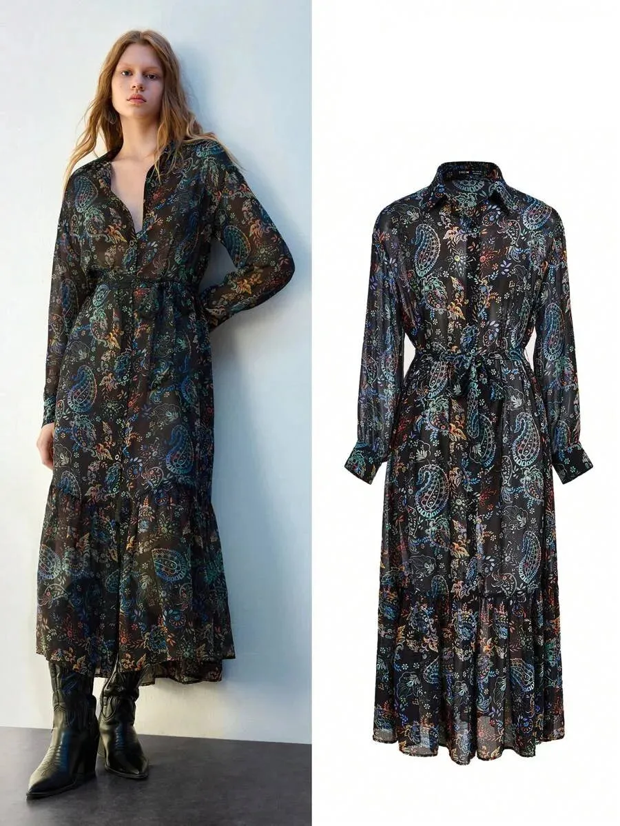 Grazia Long Dress with Paisley Print and Vest in Black