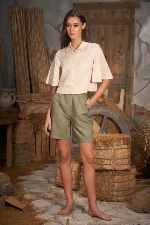 Green 100% Linen Pleated Shorts