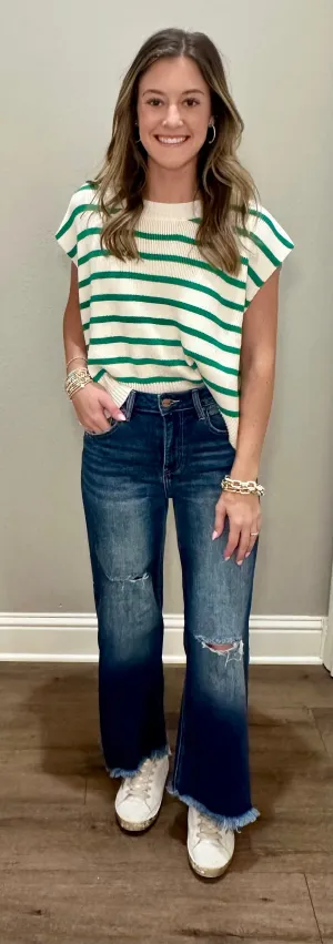 Green & White Cap Sleeve Sweater