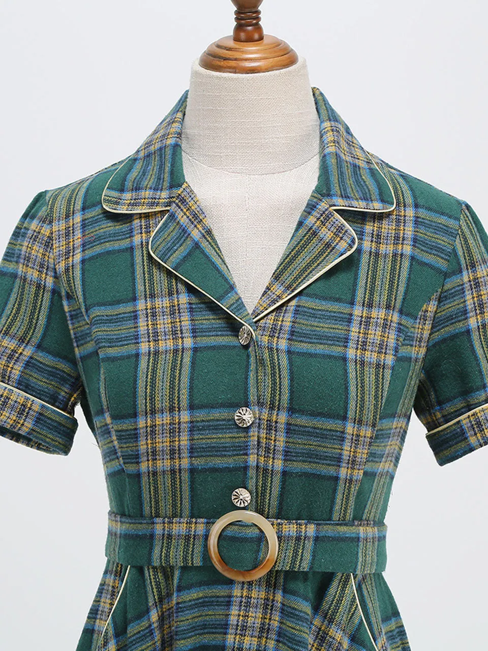 Green Plaid Turn Down Collar Short Sleeves 1950S VintageShirt Dress With Pockets