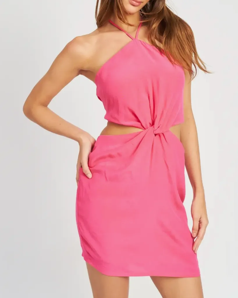 Halter Front Twist Tie Back Cut Out Mini Dress