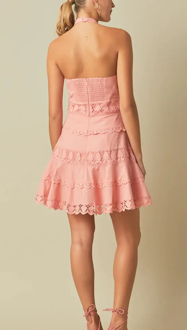 Halter Neck Lace Trim Dress