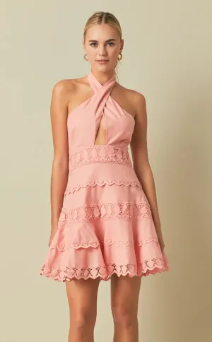 Halter Neck Lace Trim Dress