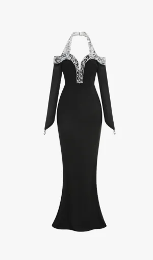 Halter Pearl Crystal-Trim Gown in black