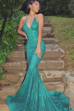 Halter Sparkle Sequin Mermaid Court Train Sleeveless Prom Dresses