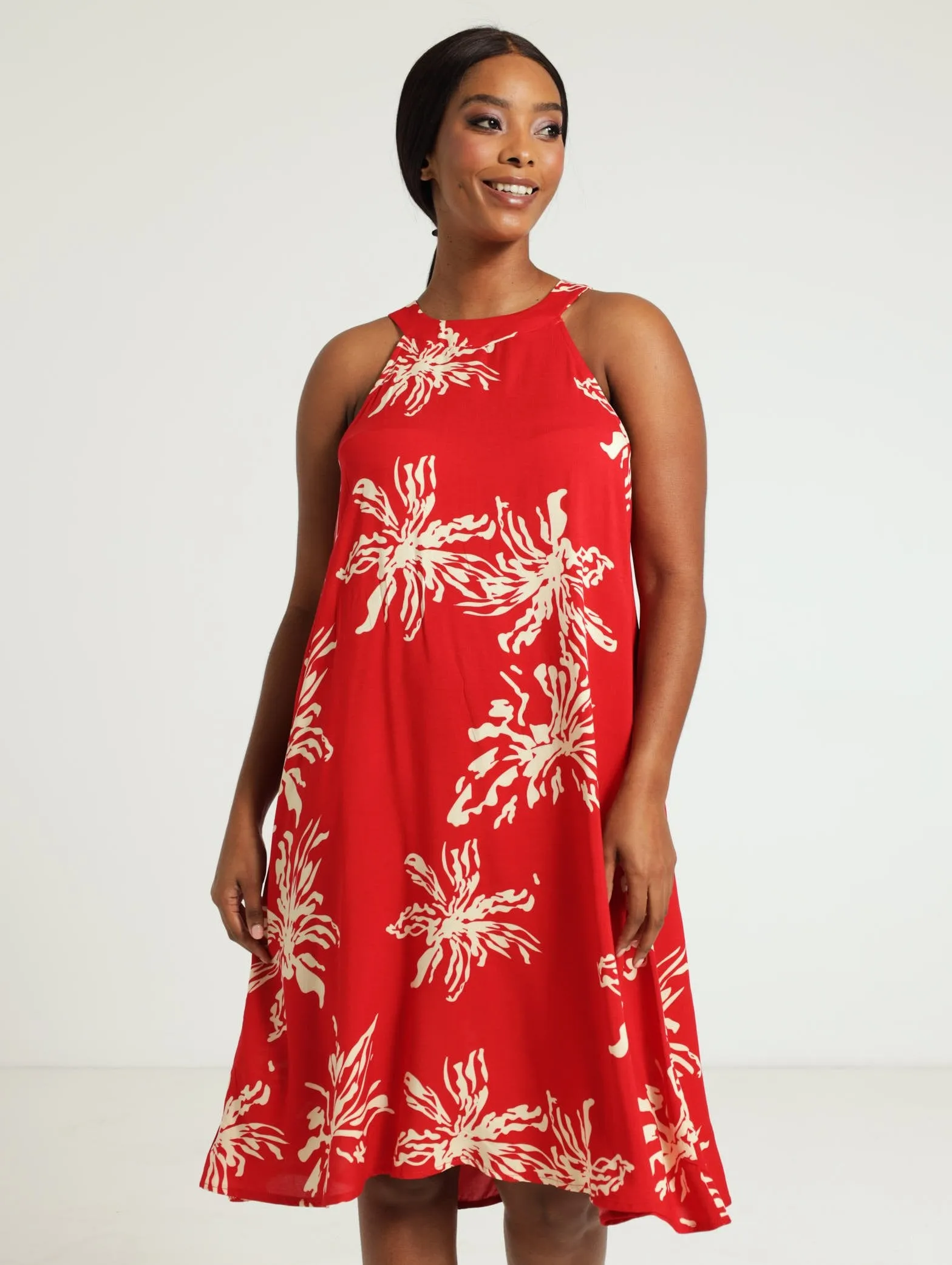 Halter Swing Dress - White/Red