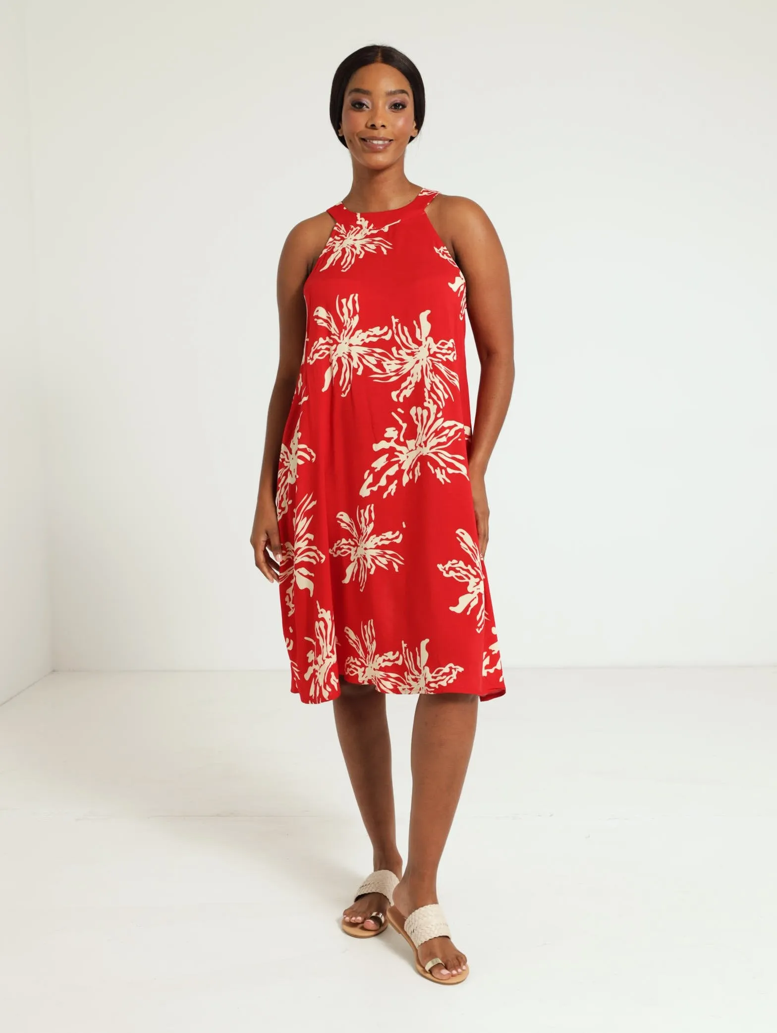 Halter Swing Dress - White/Red