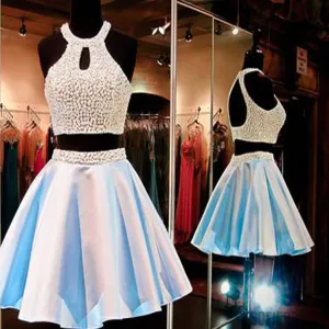 halter two pieces sparkly open back unique style Bohemian homecoming prom dress, SF0002