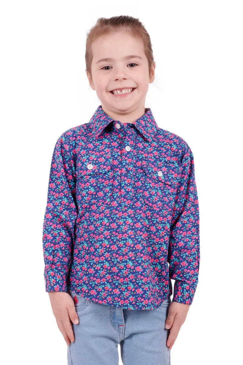 Hard Slog Kids Bella Half Placket Long Sleeve Shirt - Navy