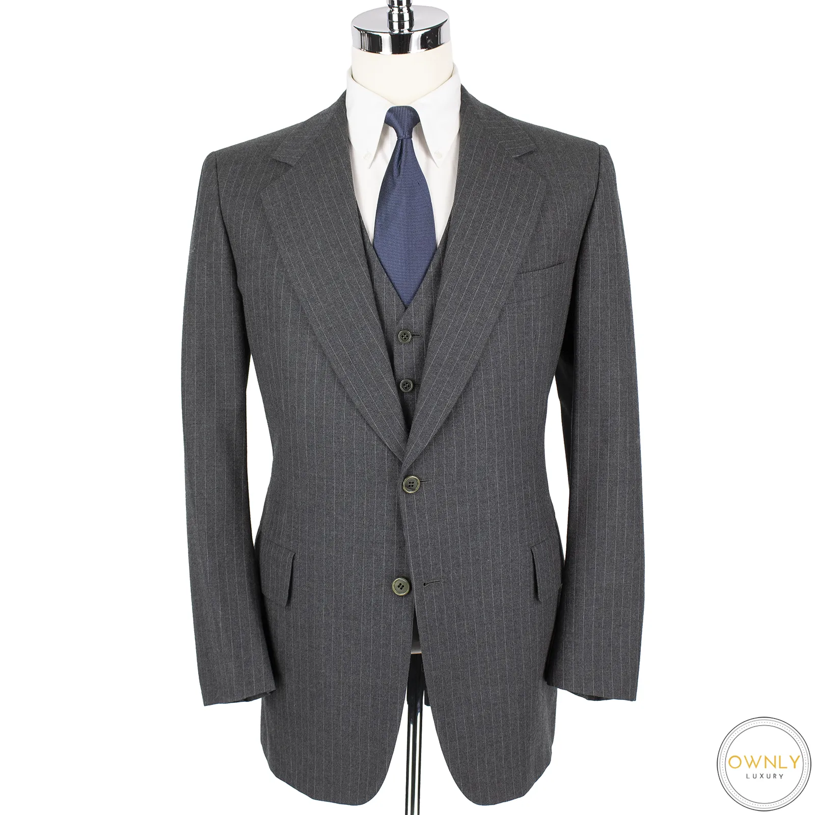 Hickey Freeman 3-PIECE Grey Wool Striped Vented Flat Front 2Btn Suit 42L